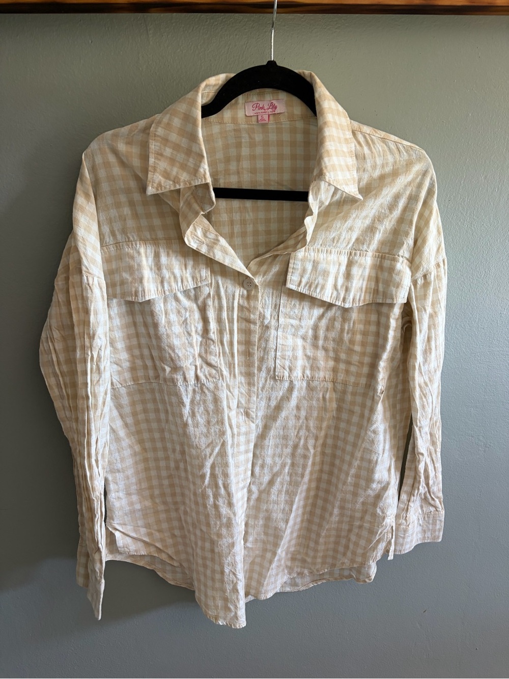 Pink Lily Beige Gingham Casual Button-Down Shirt